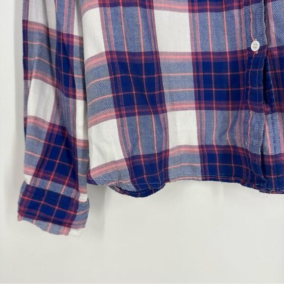 PAIGE Trudy Shirt in White/Blue Mazarine and Coral Spice Button Down Shirt Sz L - Picture 3 of 8